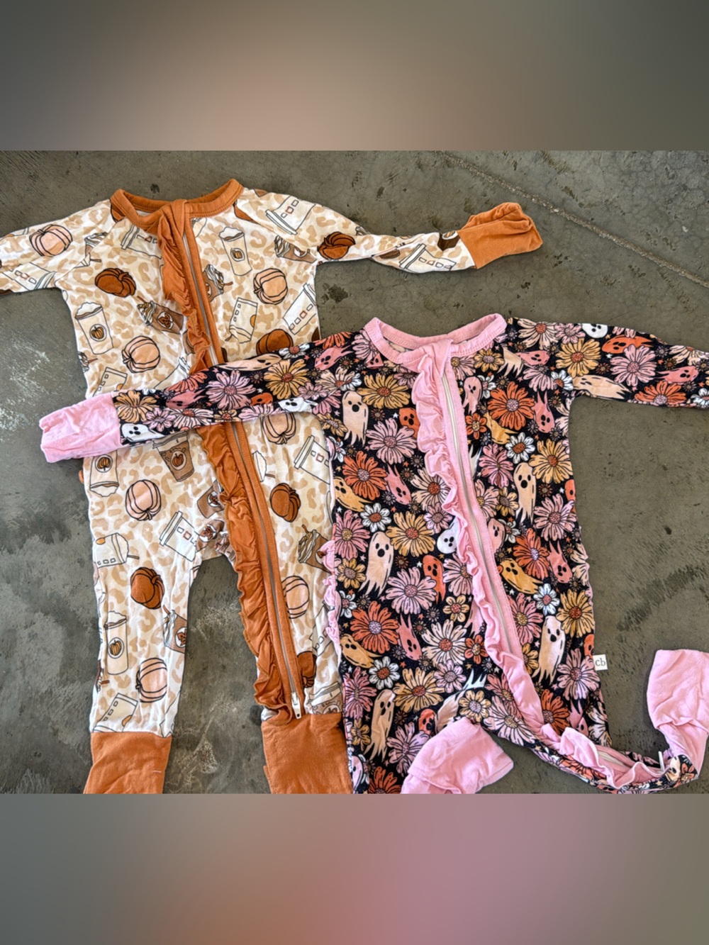 Girls Floral & Pumpkin Print Footie One-Piece Set - Pink and Orange